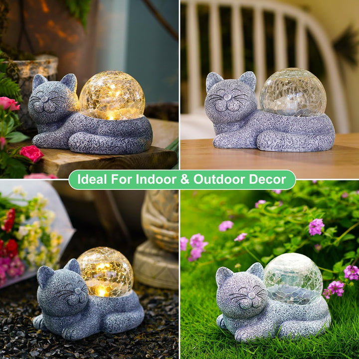 Yeomoo Solar Katzen Deko mit Solarlampen Gartendeko - Lustige Liegende Katzenfigur Wetterfeste Garte