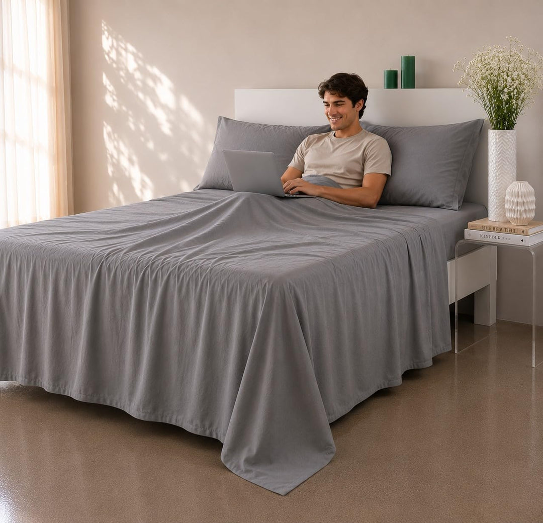 COTTON ARTean Satin-Bettwäsche-Set, ägyptische Baumwolle, Fadenzahl 300, grau, für Betten von 90 x 1