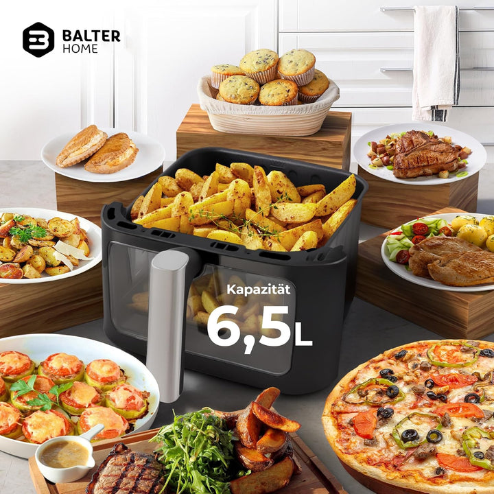 Balter Heissluftfritteuse Airfryer, 6,5 L, Friteuse Heissluftfritteuse XXL mit Sichtfenster, 12 Prog