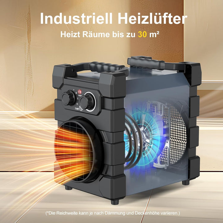 Professioneller Heizlüfter mit Schwerem Stahlgehäuse 3000 Watt Bauheizer Elektroheizer Bautrockner f