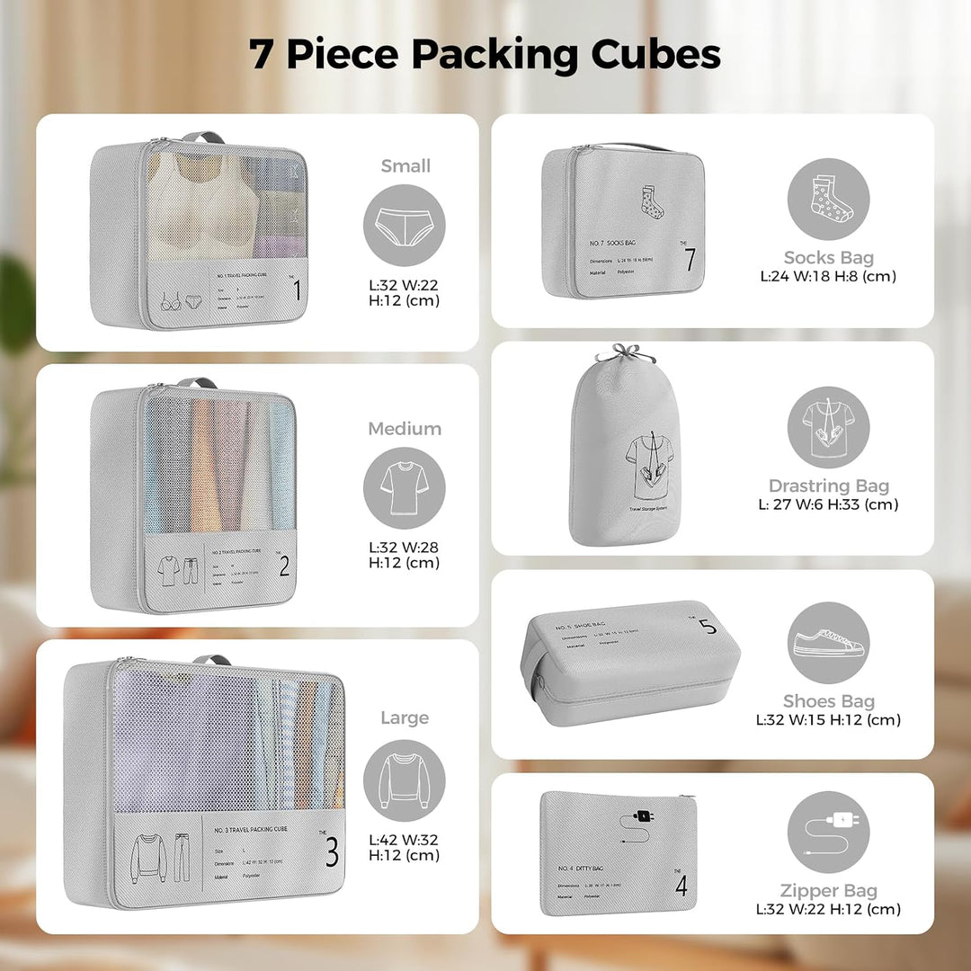 Koffer Organizer Set, 7-teilig, Packwürfel, Reise Kleidertaschen, Grau, Polyester, Reissverschluss,