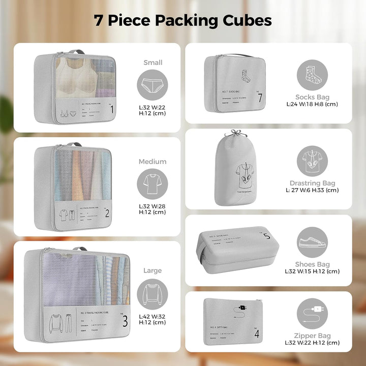 Koffer Organizer Set, 7-teilig, Packwürfel, Reise Kleidertaschen, Grau, Polyester, Reissverschluss,