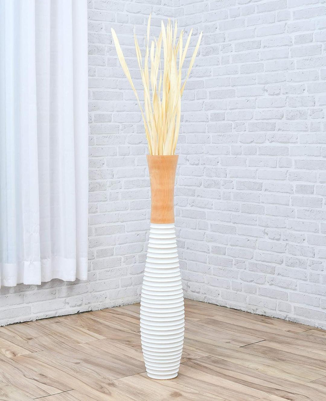 Leewadee Grosse Bodenvase für Dekozweige hohe Standvase Design Holzvase, Holz, 70 cm, Natur Weiss 70