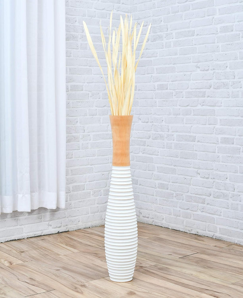 Leewadee Grosse Bodenvase für Dekozweige hohe Standvase Design Holzvase, Holz, 70 cm, Natur Weiss 70