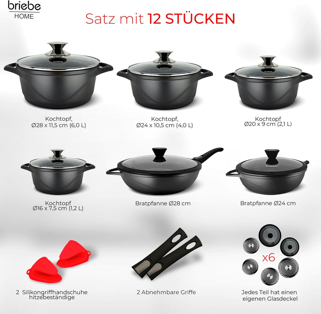 briebe Induktions-Kochgeschirr, 12-teilig, Set mit 4 Töpfen aus Aluminiumguss + 2 Pfannen, Antihaftb