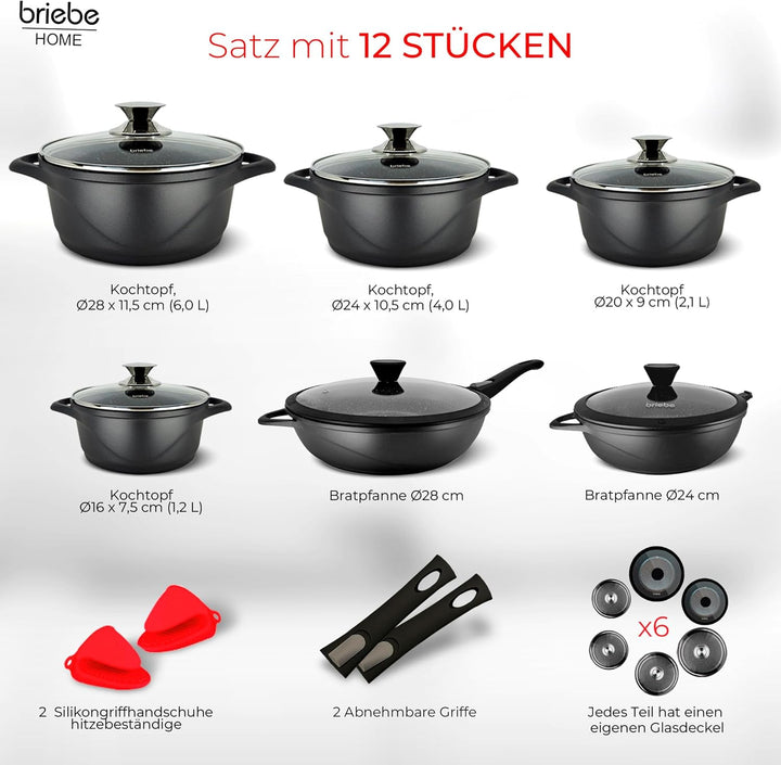 briebe Induktions-Kochgeschirr, 12-teilig, Set mit 4 Töpfen aus Aluminiumguss + 2 Pfannen, Antihaftb