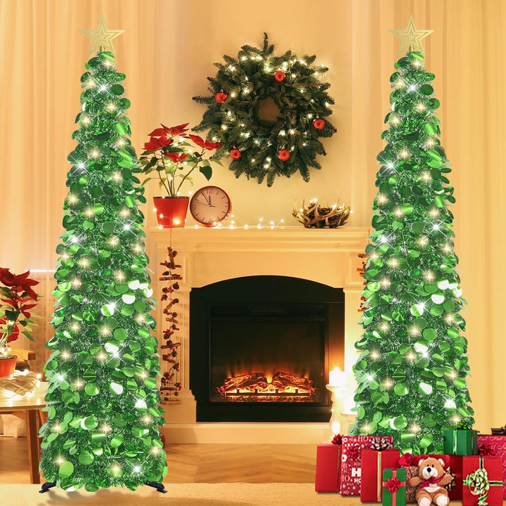 HMASYO 150 cm Pop-Up Lametta Weihnachtsbaum mit 50 Timer-Lichtern, Grün Zusammenklappbarer Künstlich