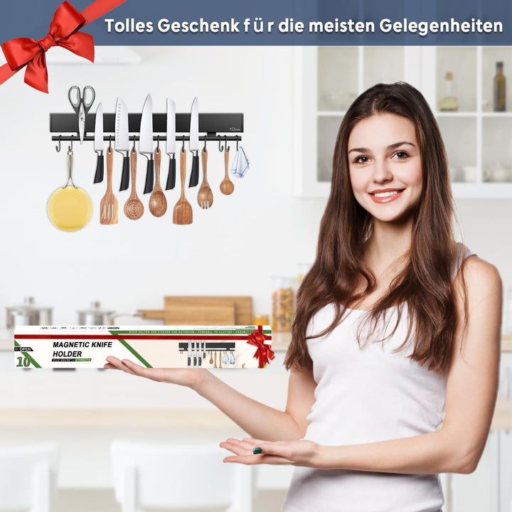 Dmore Magnetleiste Messer mit 10 Haken, 43 cm Messerhalter magnetisch schwarz mit Hakenleiste, extre