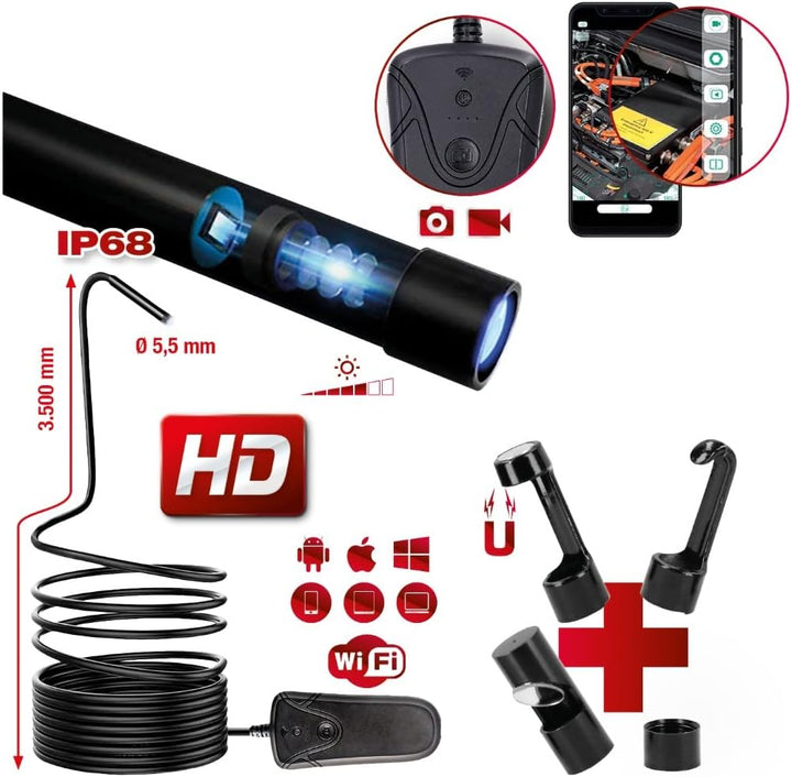 KS 551 Tools 550.756 Wi-Fi-Videoskop-Satz mit Ø 5,5 mm 0° HD Frontkamera-Sonde,