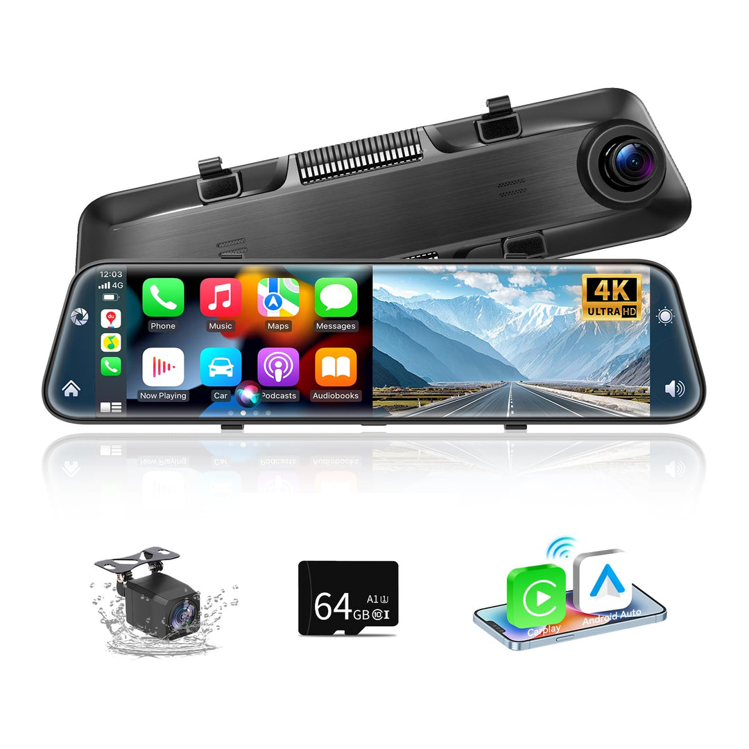 Herilary 12 Zoll 4K Rückfahrkamera Spiegel mit Wireless Android Auto CarPlay, Dashcam Spiegel mit G-