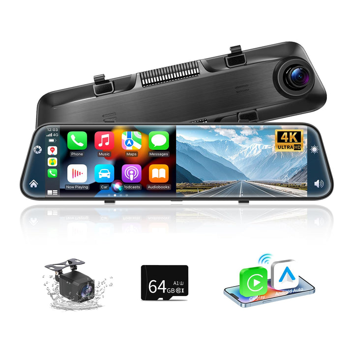 Herilary 12 Zoll 4K Rückfahrkamera Spiegel mit Wireless Android Auto CarPlay, Dashcam Spiegel mit G-