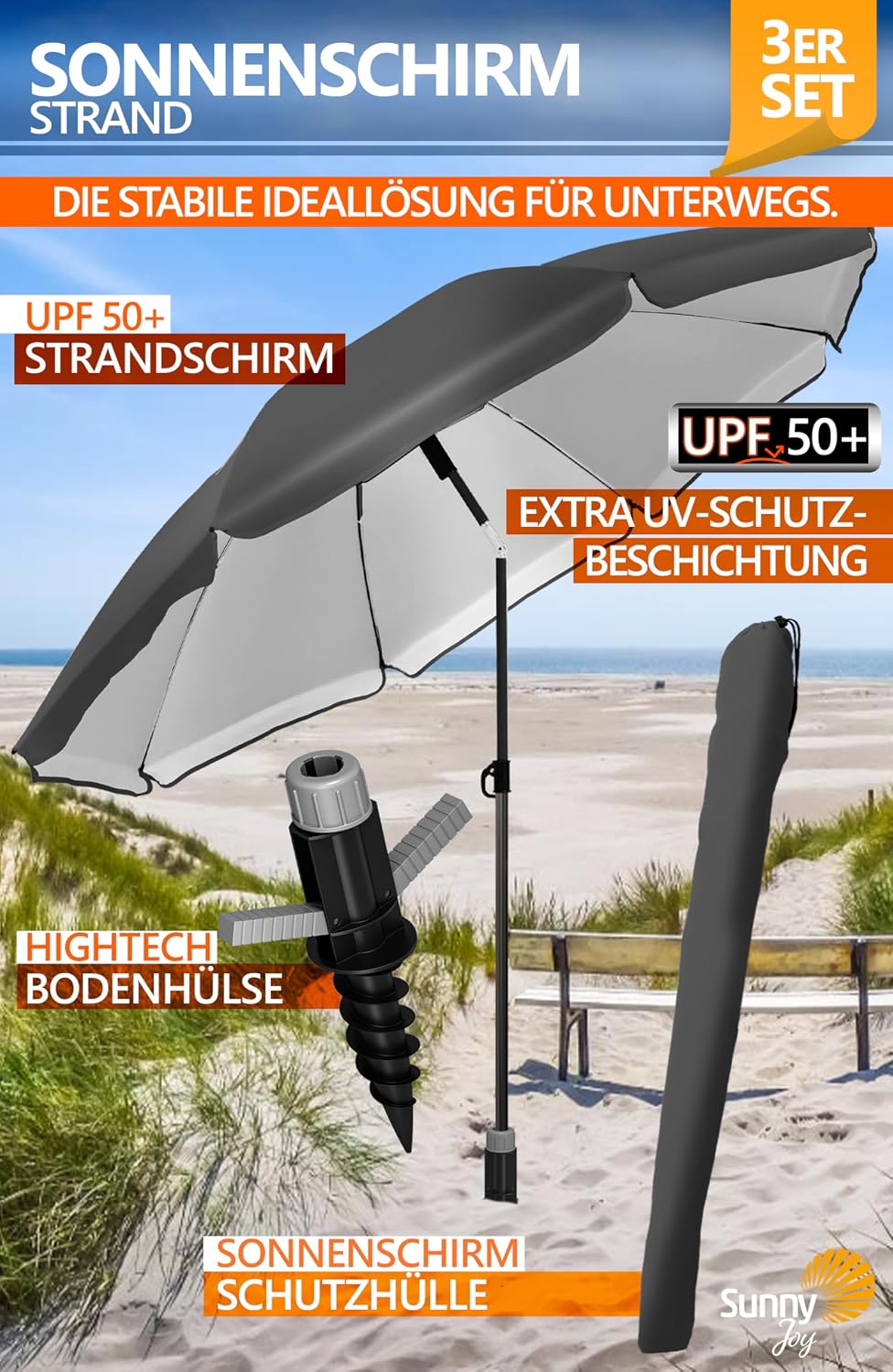 4smile Sonnenschirm Strand SunnyJoy Ø 180 cm, 3er Set - Strandschirm mit UV Schutz 50+, inkl. Sonnen