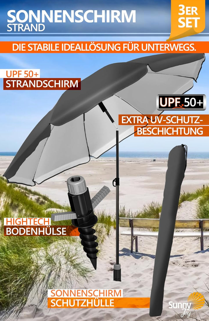 4smile Sonnenschirm Strand SunnyJoy Ø 180 cm, 3er Set - Strandschirm mit UV Schutz 50+, inkl. Sonnen