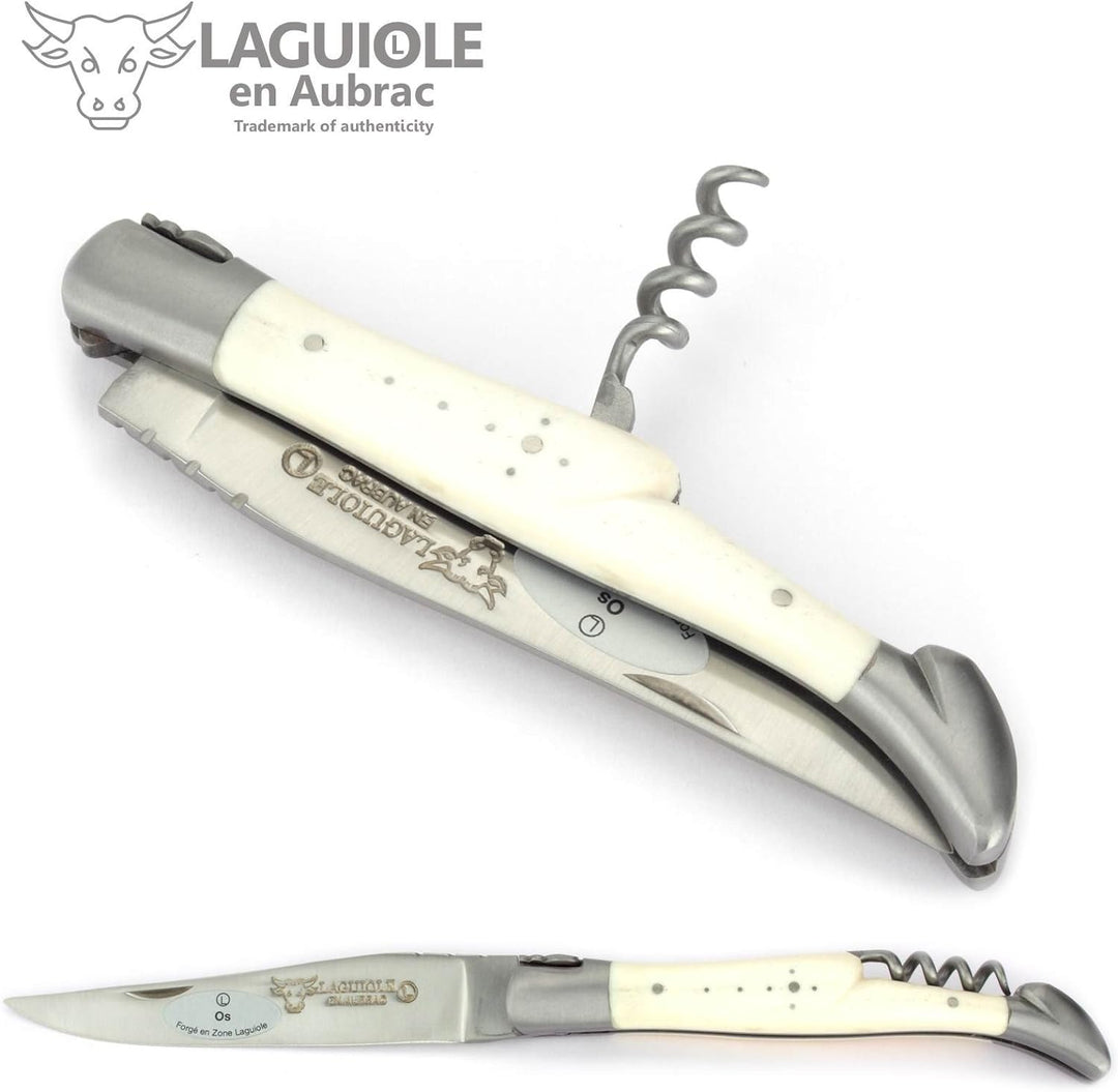Laguiole en Aubrac Taschenmesser Korkenzieher 12 cm Griff Knochen L0312OSIF, Messer Klinge matt, Bac