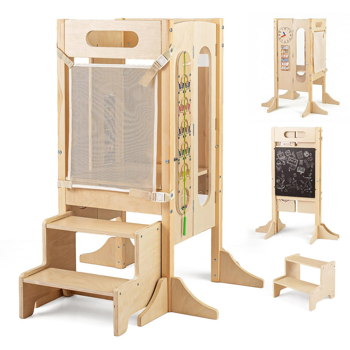 COSTWAY 4 in 1 Lernturm klappbar, Tritthocker aus Holz mit 2-Stufen Hocker, Tafel & abnehmbarem Sich