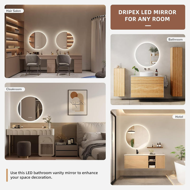 Dripex Badezimmerspiegel Led Badspiegel Rund, Touch-Schalter, Dimmbar, 3 Lichtfarbe Einstellbare Spi