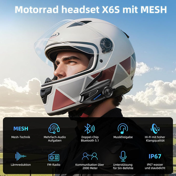 WAYXIN X6S Motorrad Intercom,integriertem Mesh Intercom System, Dual-Chip für Audio-Multitasking Kop