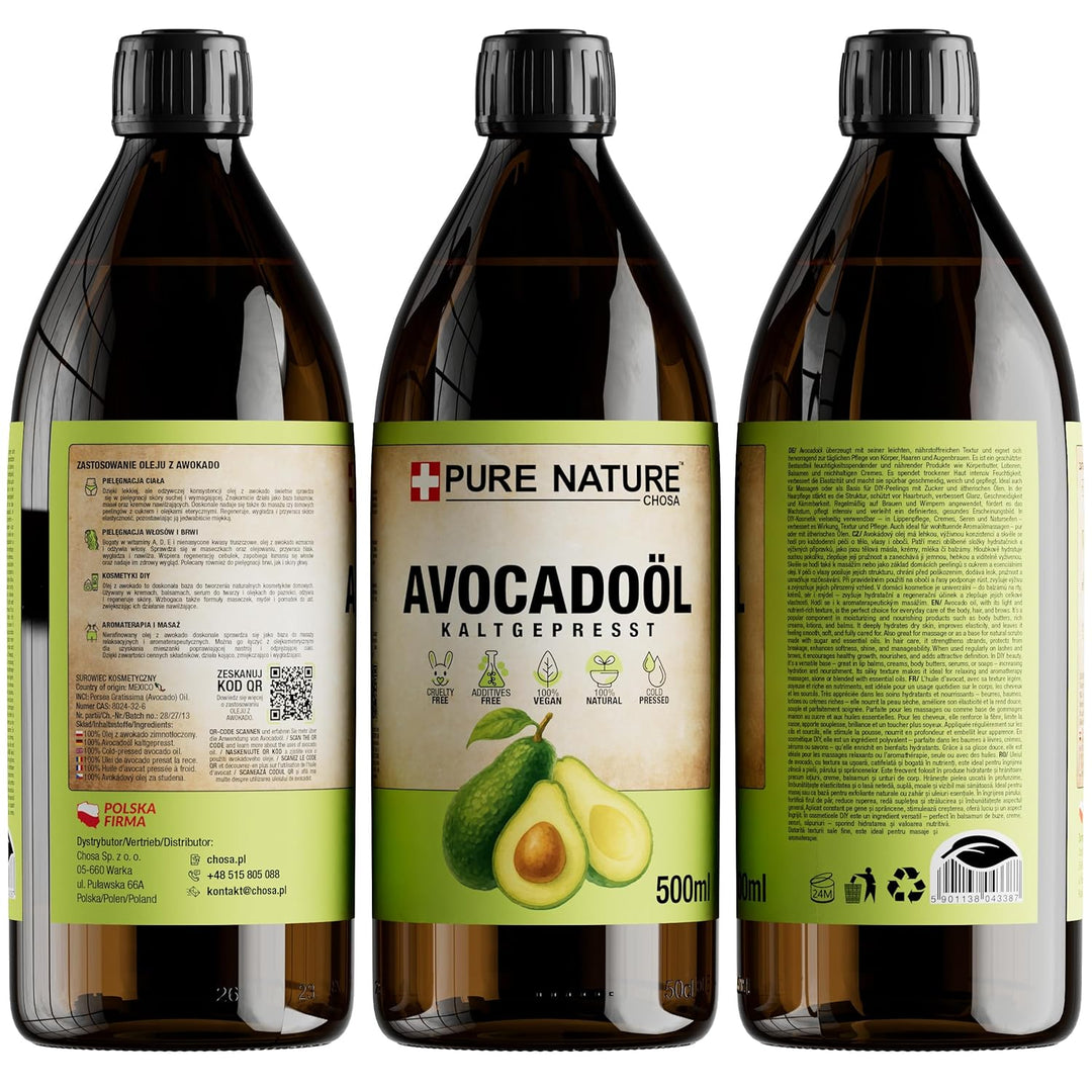 CHOSA Bio-Avocadoöl 500 ml - Kaltgepresst - Unraffiniert - 100% Natürlich - Pur - Nachhaltig - Natür