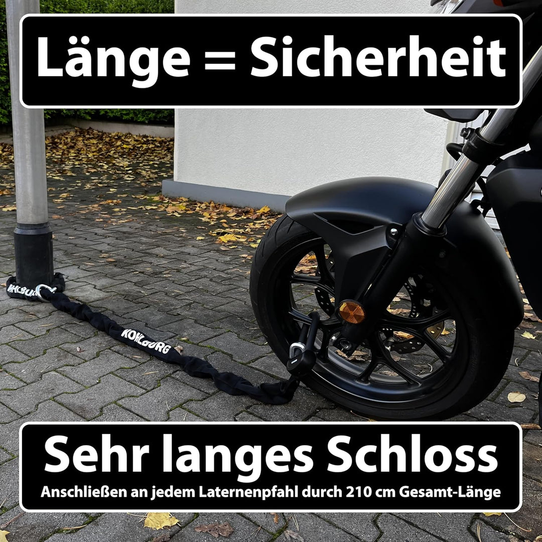 KOHLBURG 8kg massives 210cm VdS Sicherheits- Motorradschloss Typ Alcatraz, 13mm Spezialstahl-Kette,