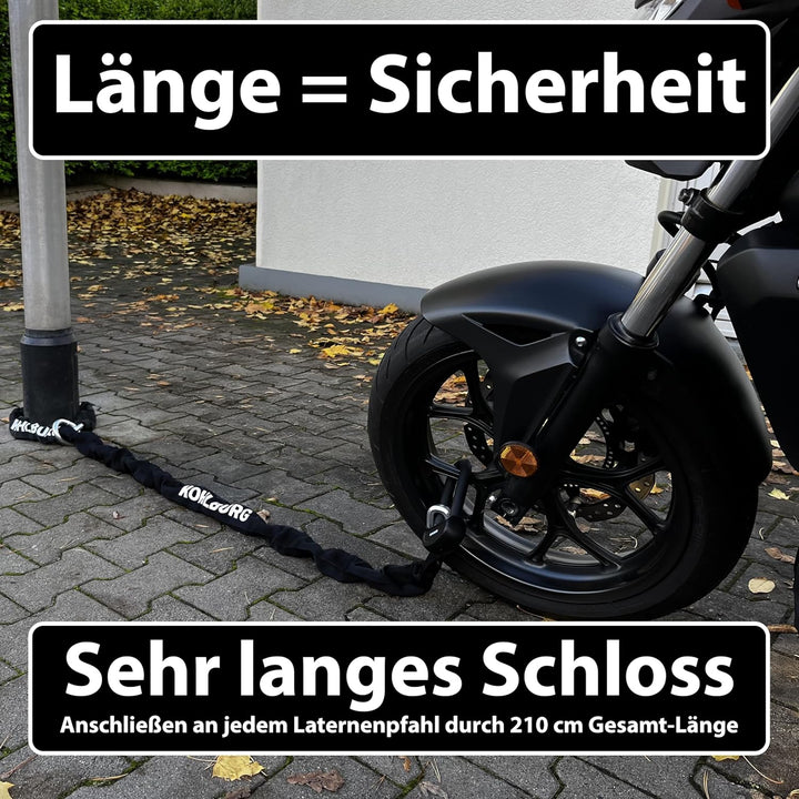 KOHLBURG 8kg massives 210cm VdS Sicherheits- Motorradschloss Typ Alcatraz, 13mm Spezialstahl-Kette,