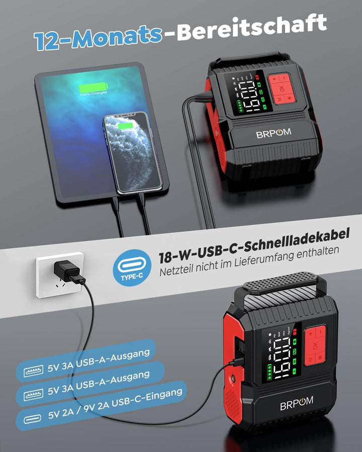 8000A &160PSI BRPOM Starthilfe Powerbank für Pkw mit Kompressor 26800mAh Auto Starthilfe Powerbank f