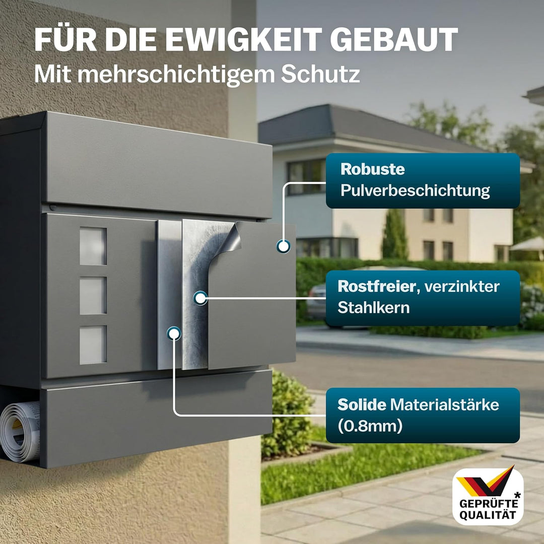 MONZANA® Briefkasten Design Stahl mit Zeitungsfach Sichtfenster 2 Schlüssel Zeitungsrolle Wandbriefk