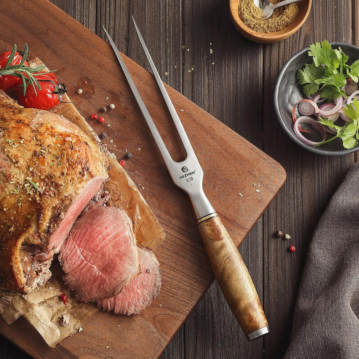 HEZHN Tranchiergabel Fleischgabel Outdoor Grillgabel 430 Edelstahl Figaro Bergahorn Holz Geschenkbox