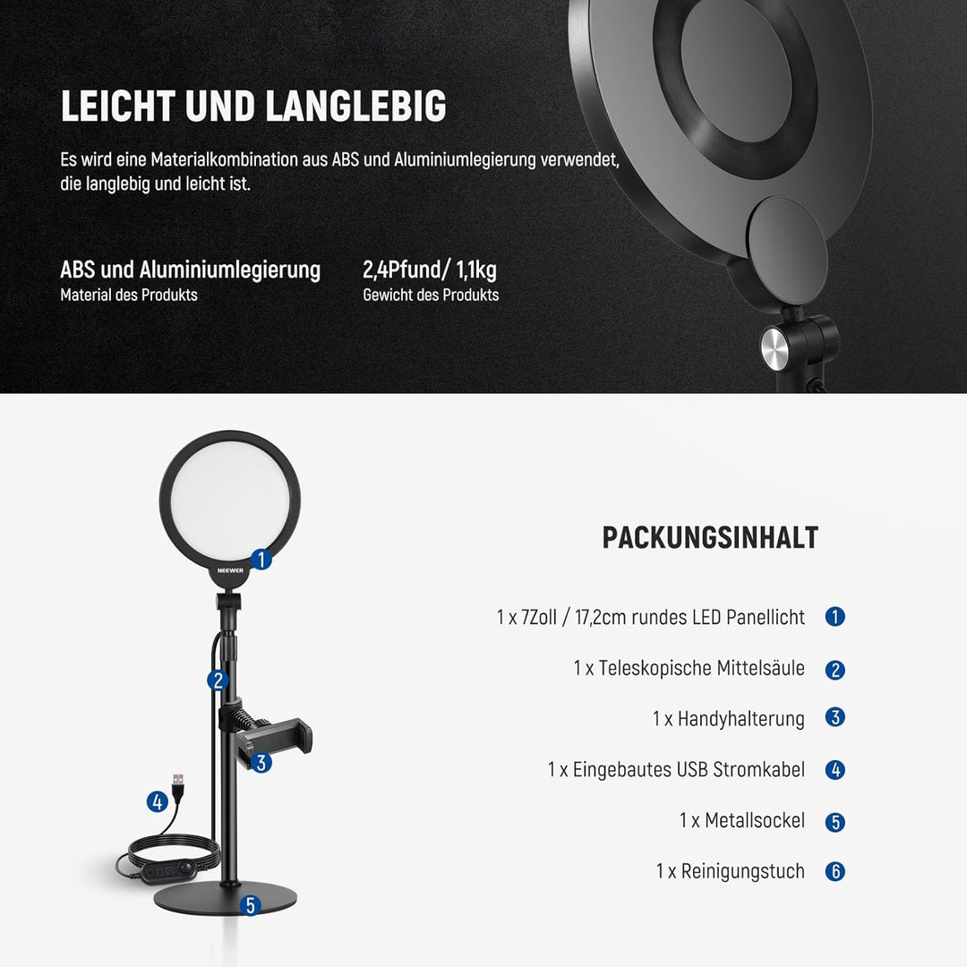 NEEWER Basics 7" Tisch Ringlicht für Videoaufnehmen, 10W dimmbare Vollbild Key Light mit Ständer/Tel