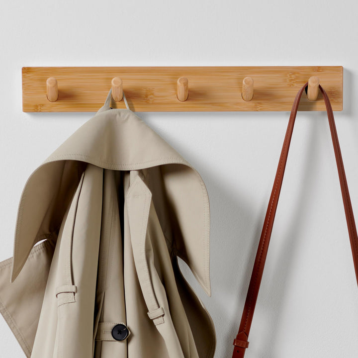 LARHN Garderobenhaken Holz - Garderobenleiste Holz mit 5 Haken - 43 cm - Kleiderhaken Wand - Wandgar