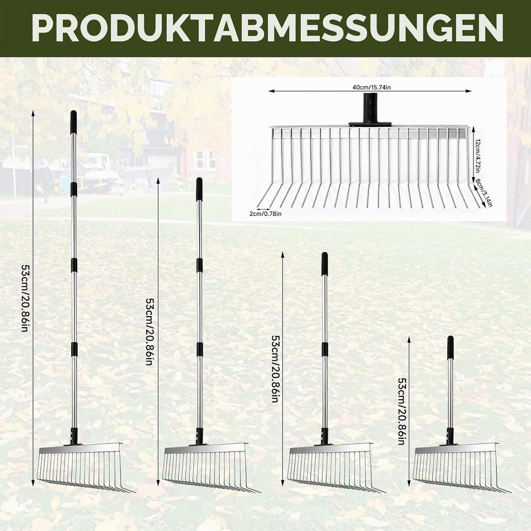 Premium Rasenrechen Edelstahl 160cm - Gartenharke mit 21 stabilen Zinken &amp; 40cm Arbeitsbreite | Manu