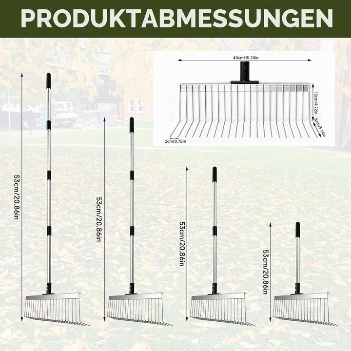 Premium Rasenrechen Edelstahl 160cm - Gartenharke mit 21 stabilen Zinken &amp; 40cm Arbeitsbreite | Manu