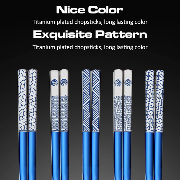Edelstahl Essstäbchen, 18/8, Titan-Lasergravur, spülmaschinenfest, 5 Paar Geschenkset (blau), wieder