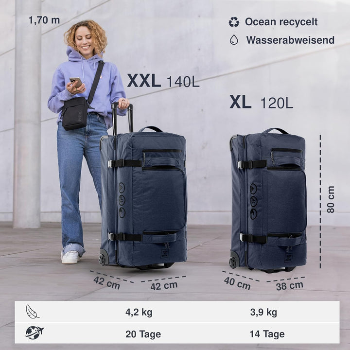 Grosse Reisetasche mit 2 Rollen Kane Rollkoffer 80 cm Koffer Sporttasche Reise-Trolley, recyceltes M