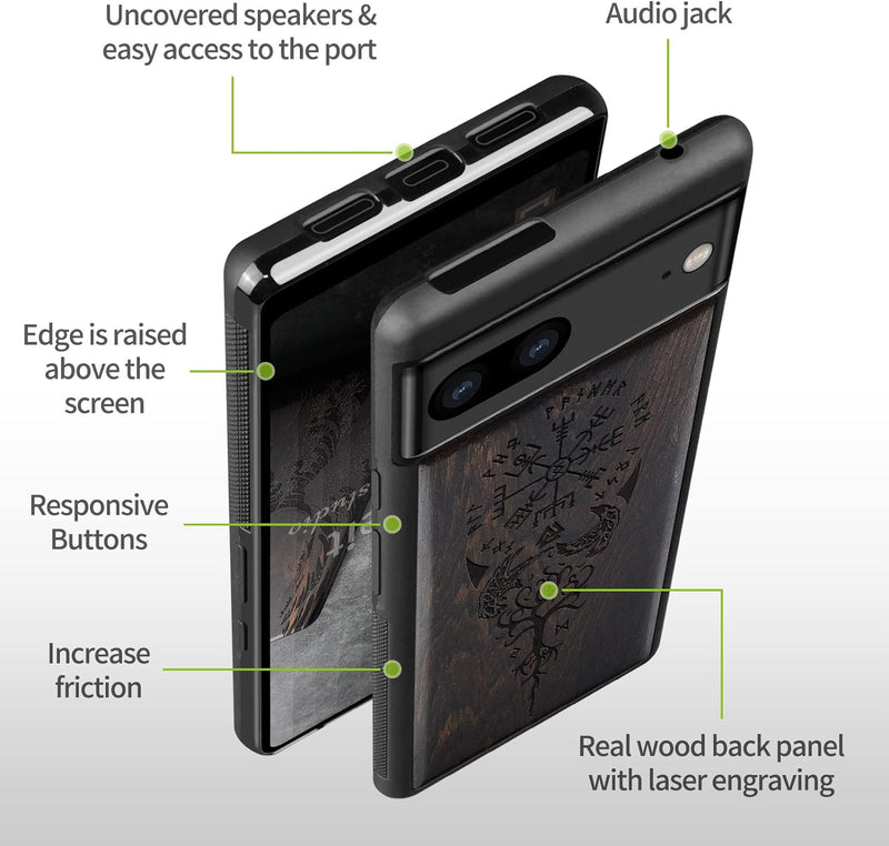 Carveit Holz Handyhülle für Google Pixel 7 Cover [Einzigartiges Design Case] Stossstange hülle Kompa