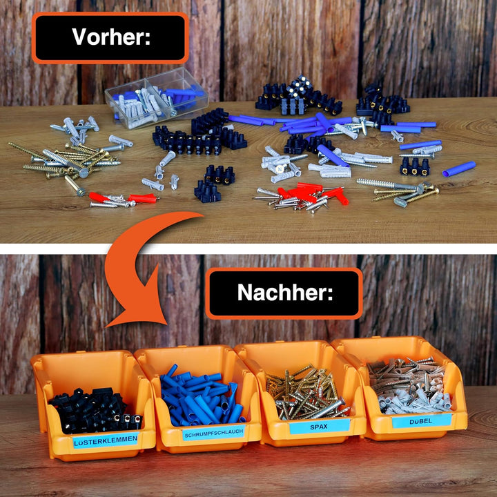 YPC Stapelboxen Set - Orange 8 Stück - Sichtlagerboxen 16x9x7cm mit Wandhalterung für Werkstatt & Ga