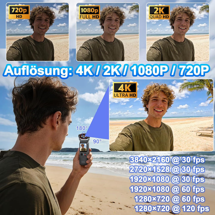 Action Cam 4K, 6-Achsen-Stabilisierung Videokamera Vlog, Live-View-Display Vlog Kamera WLAN, 160° We