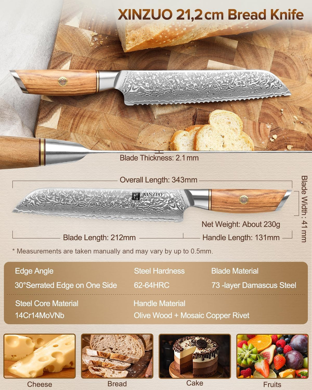 XINZUO Damaststahl Brotmesser 21.2cm, Damastpulverstahl 73 Schichten Küchenmesser, Profi Scharf Dama