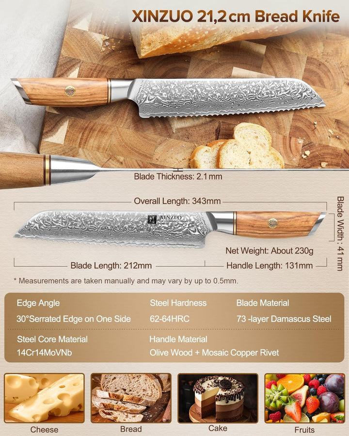 XINZUO Damaststahl Brotmesser 21.2cm, Damastpulverstahl 73 Schichten Küchenmesser, Profi Scharf Dama