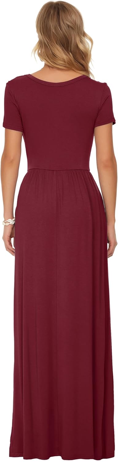AUSELILY Damen Kurzarm Loose Casual Long Maxi Kleider mit Taschen Wein Rot XL, Wein Rot XL