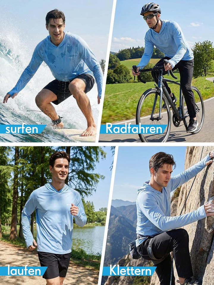 Herren Langarm Rashguard Kapuzenpullover UPF50+ Shirt Rashguard Angelbekleidung UV Sonnenschutz Surf