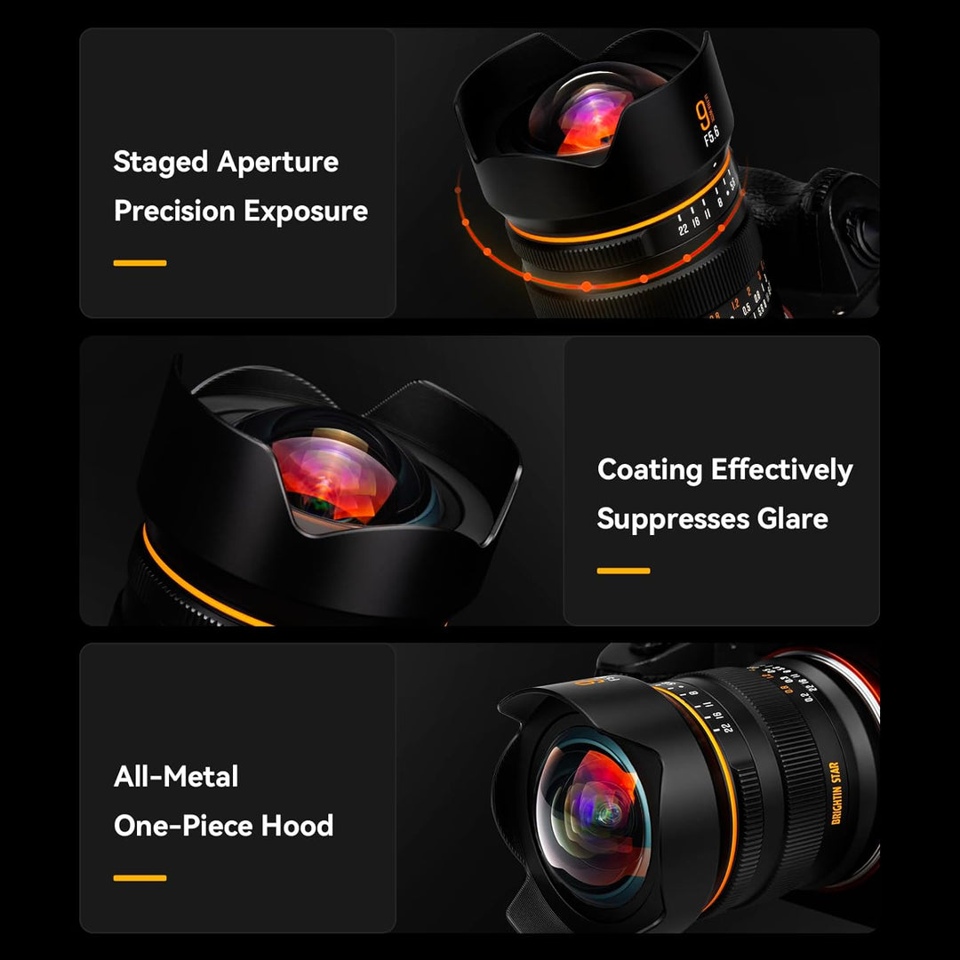 Brightin Star 9 mm F5.6 Objektiv für Sony E-Mount, Full Frame 132° Ultra-Weitwinkel, manueller Fokus