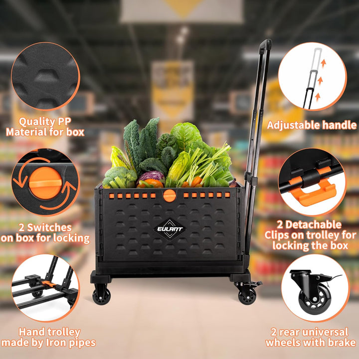 EULANT 2 in1 Faltbare Handwagen mit 60L Faltbox &amp; Deckel, Transportkiste mit Rollen &amp; Bremse, Utilit