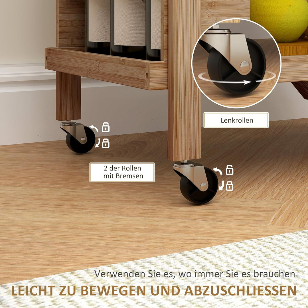 HOMCOM Küchenwagen Servierwagen mit 2 Ebenen, Rollwagen mit Weinregal, Arbeitsplatte, Griff Küchenre