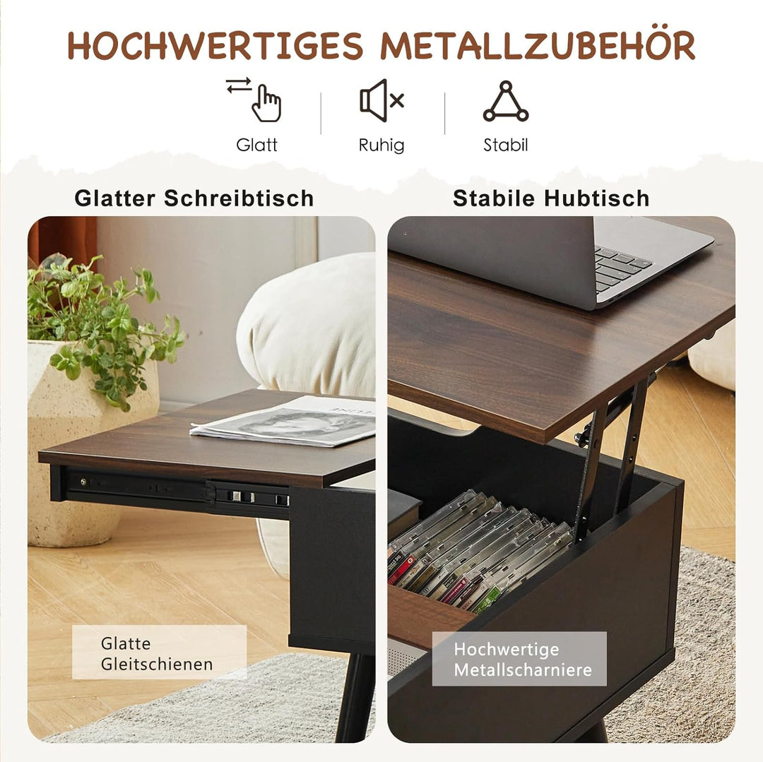 JanflyHome Höhenverstellbarer Couchtisch, Couchtisch mit Höhenverstellbarer Platte Lift Top, 2 Verst