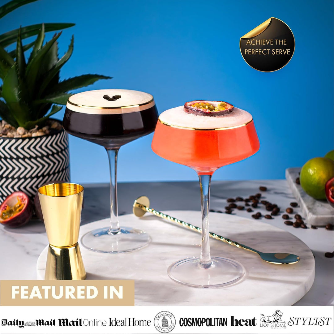 Luxus Martini Gläser Cocktailgläser Set von 4 mit Gold Rändern | Inklusive Gold Cocktail Löffel, Aus