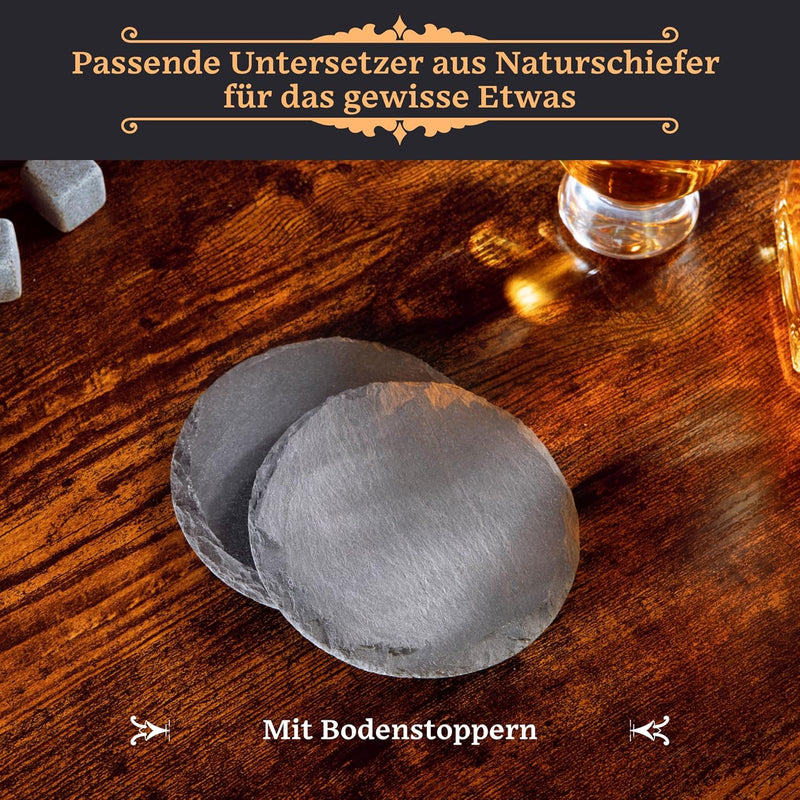 GOURMEO Whisky Stein Geschenkset - Set aus 2 Tulpen Whiskey Gläsern mit 8 Wiederverwendbaren Basalt