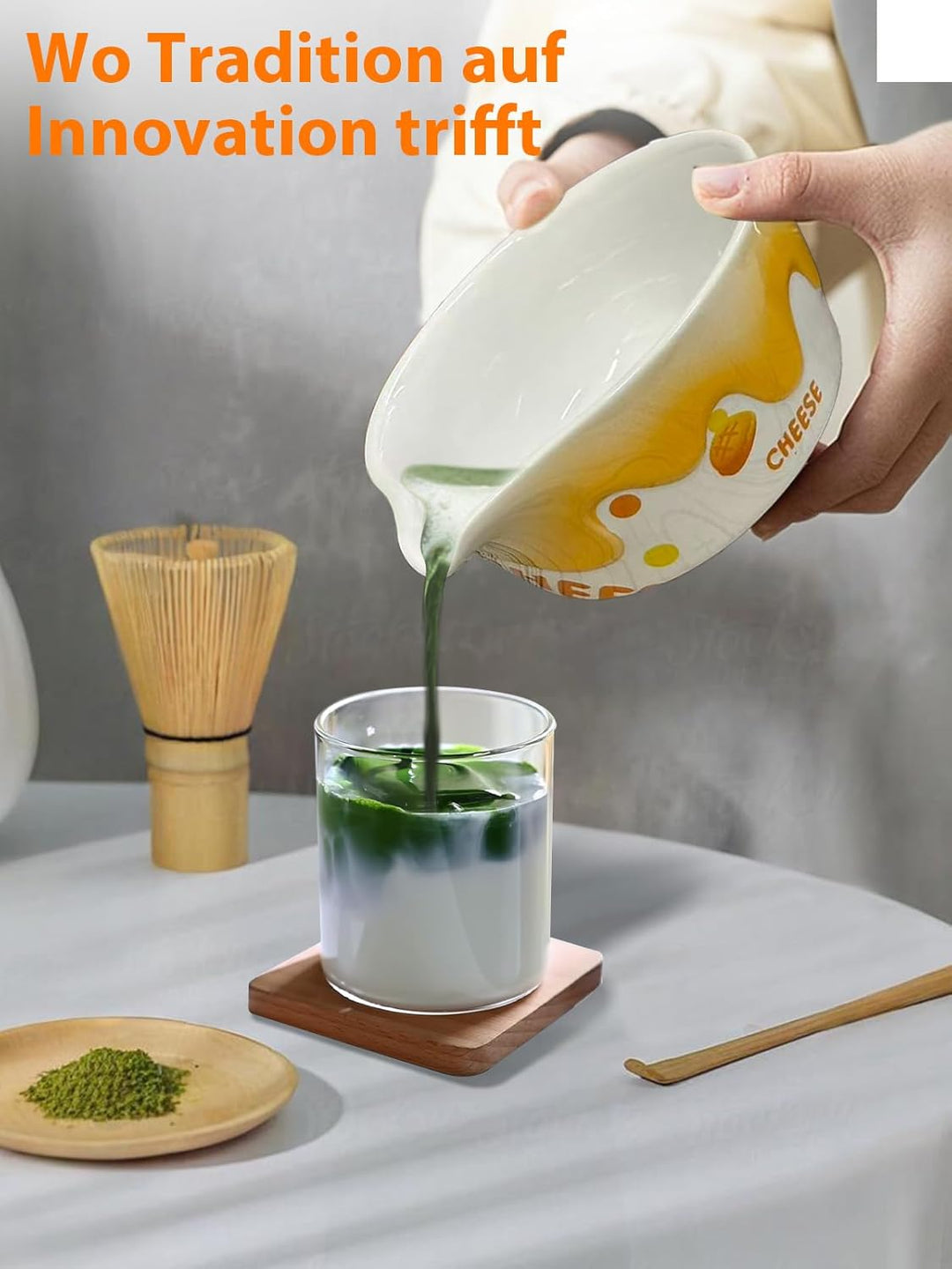 Matcha Set mit Matcha Besen, Keramikschale (560ml, Orange-Käse-Design), Löffel und Zubehör | Set mit