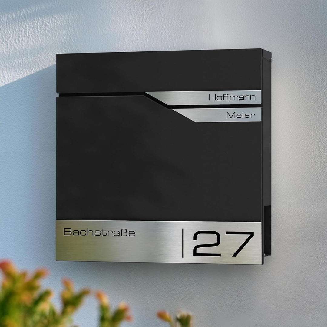 Metzler Briefkasten Schwarz 2 Parteien mit Zeitungsfach und Hausnummer – Wandbriefkasten mit Zwei Na