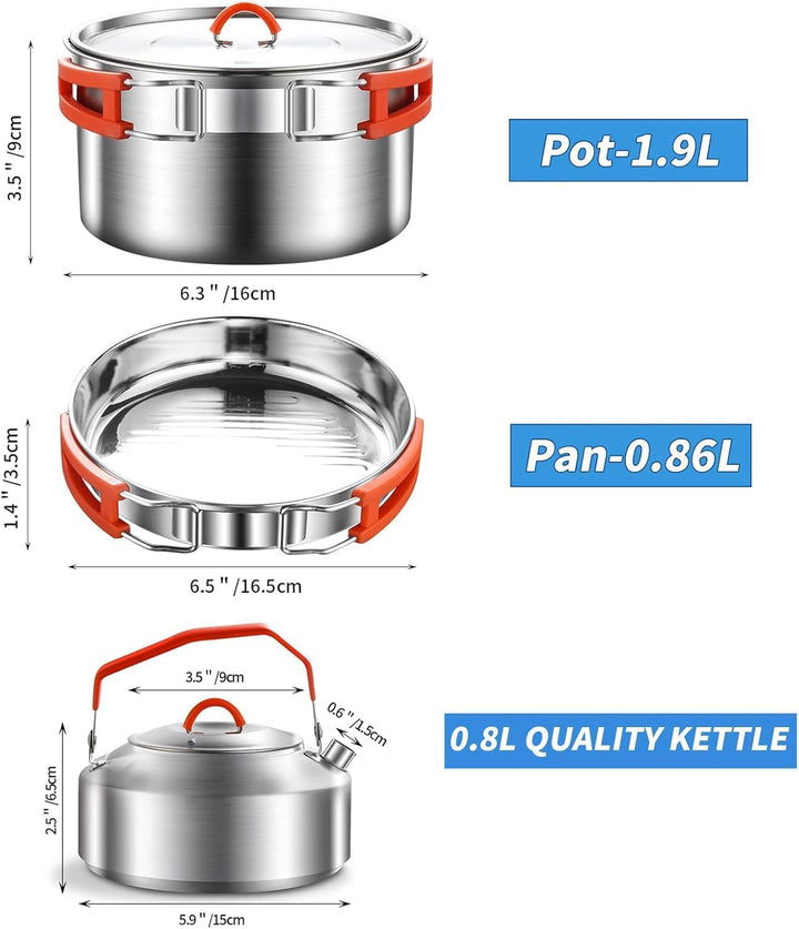 Camping Kochset, Camping Kochgeschirr Set, 304 Edelstahl Camping Töpfe und Pfannen Set, beinhaltet T