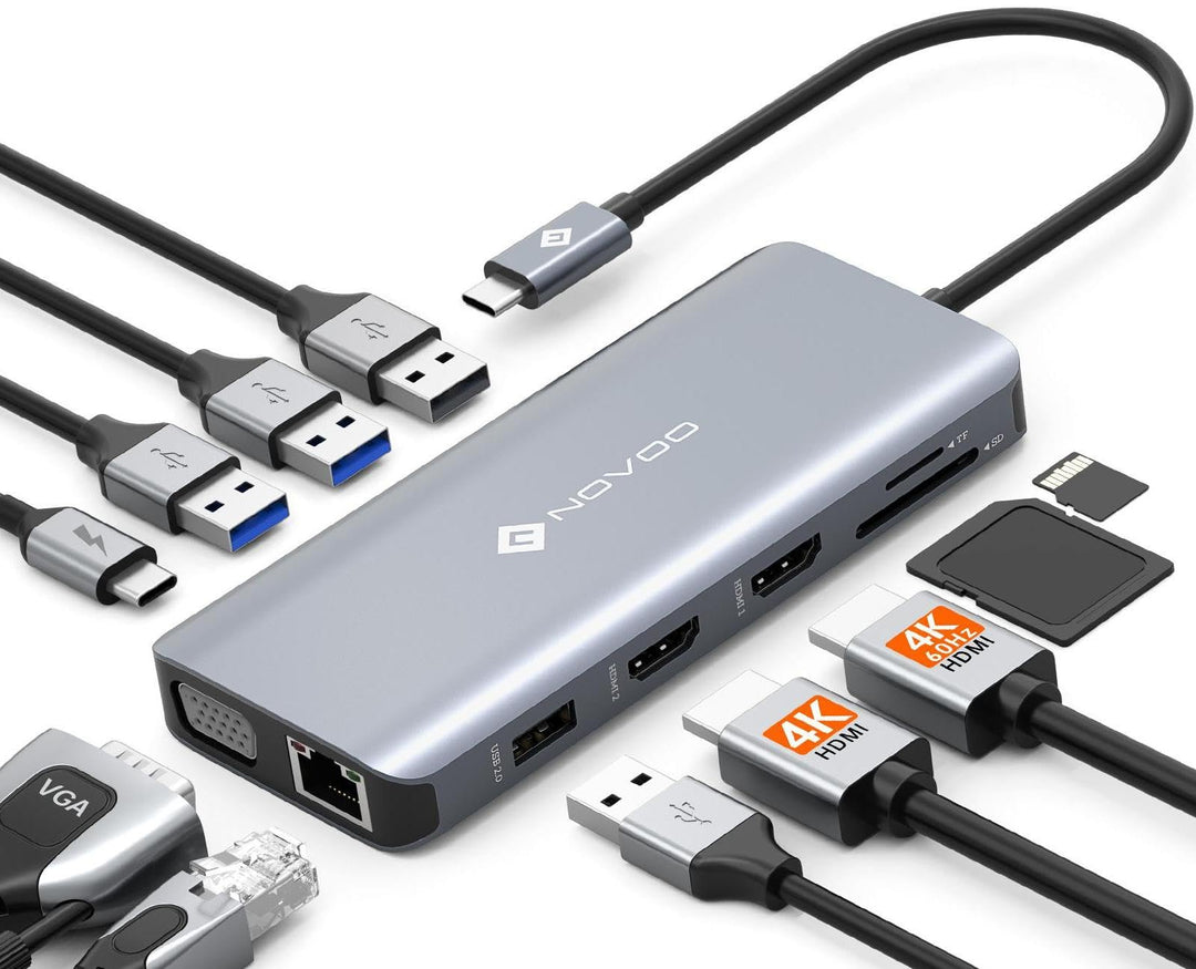 NOVOO USB C Docking Station Triple Display 11 in 1 USB C Dual 4K@60Hz HDMI USB C Hub VGA Adapter Gig